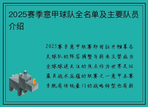 2025赛季意甲球队全名单及主要队员介绍